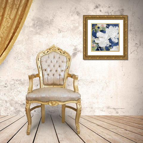 White Modern Peonies on Blue II Gold Ornate Wood Framed Art Print with Double Matting by Loreth, Lanie