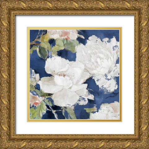 White Modern Peonies on Blue II Gold Ornate Wood Framed Art Print with Double Matting by Loreth, Lanie