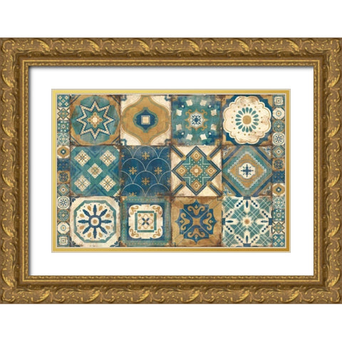 Moroccan Tiles Blue Gold Ornate Wood Framed Art Print with Double Matting by Hilsaca, Cleonique