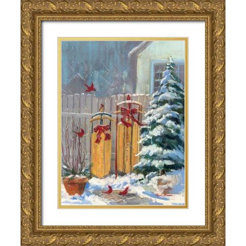 December Sleds Gold Ornate Wood Framed Art Print with Double Matting by Rowan, Carol