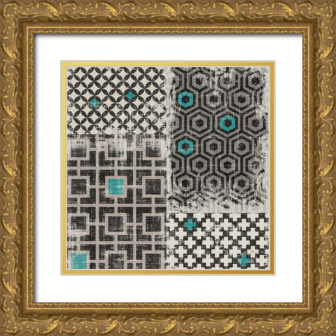 Geometric Patchwork Peacock Blue Square II Gold Ornate Wood Framed Art Print with Double Matting by Pela Studio