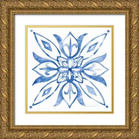 Tile Stencil II Blue Gold Ornate Wood Framed Art Print with Double Matting by Tavoletti, Anne