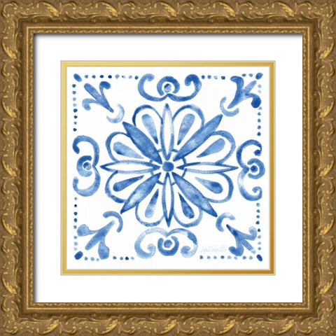 Tile Stencil IV Blue Gold Ornate Wood Framed Art Print with Double Matting by Tavoletti, Anne