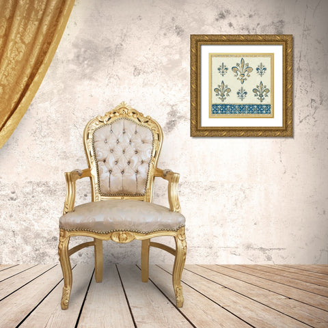 Regal Fleur de Lis Indigo and Cream Gold Ornate Wood Framed Art Print with Double Matting by Meloushka Designs