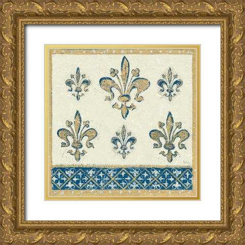 Regal Fleur de Lis Indigo and Cream Gold Ornate Wood Framed Art Print with Double Matting by Meloushka Designs