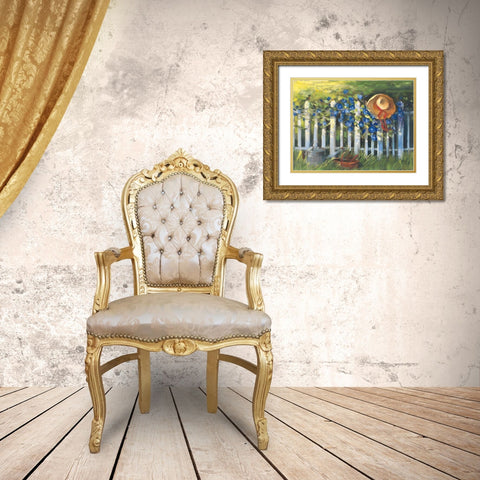 Morning Glories on the Fence Gold Ornate Wood Framed Art Print with Double Matting by Rowan, Carol