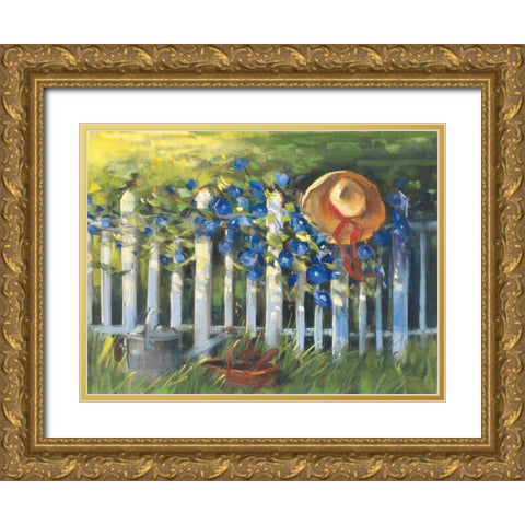 Morning Glories on the Fence Gold Ornate Wood Framed Art Print with Double Matting by Rowan, Carol