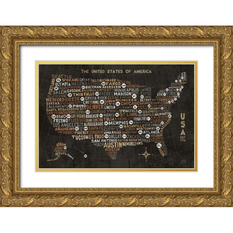 US City Map Black Gold Ornate Wood Framed Art Print with Double Matting by Mullan, Michael