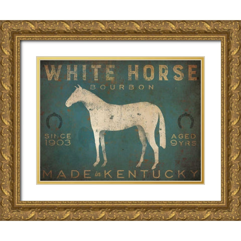 White Horse with Words Blue Gold Ornate Wood Framed Art Print with Double Matting by Fowler, Ryan