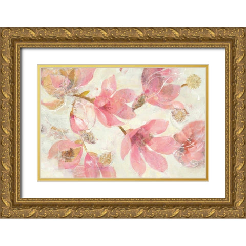 Magnolias in Bloom on White Gold Ornate Wood Framed Art Print with Double Matting by Hristova, Albena