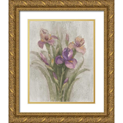 Purple Iris Garden on Grey Gold Ornate Wood Framed Art Print with Double Matting by Hristova, Albena