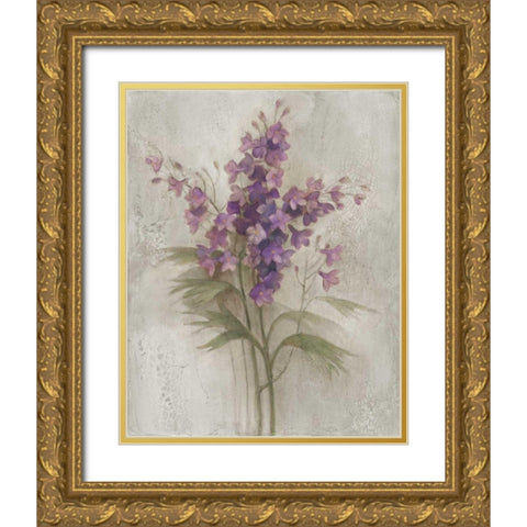 Purple Larkspur Garden on Grey Gold Ornate Wood Framed Art Print with Double Matting by Hristova, Albena