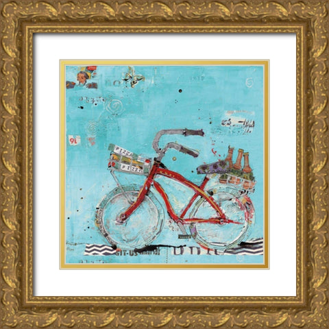 Pizza and Beer Blue Gold Ornate Wood Framed Art Print with Double Matting by Day, Kellie
