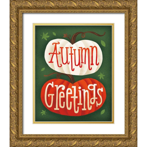 Harvest Time Autumn Greetings Pumpkins Gold Ornate Wood Framed Art Print with Double Matting by Mullan, Michael