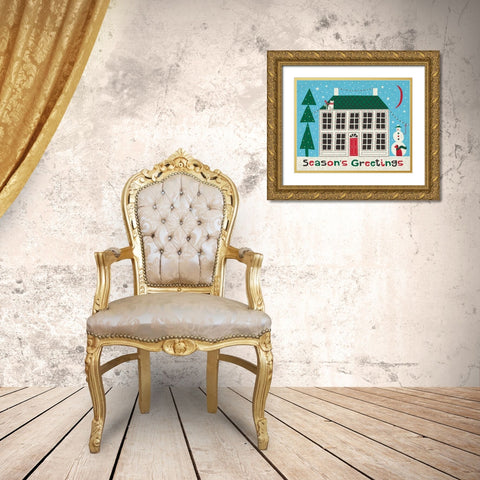 Jolly Holiday Home on Blue Gold Ornate Wood Framed Art Print with Double Matting by Mullan, Michael