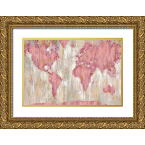 Blushing World Map v2 Crop Gold Ornate Wood Framed Art Print with Double Matting by Vassileva, Silvia