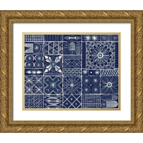Adire VII Indigo Gold Ornate Wood Framed Art Print with Double Matting by Lovell, Kathrine
