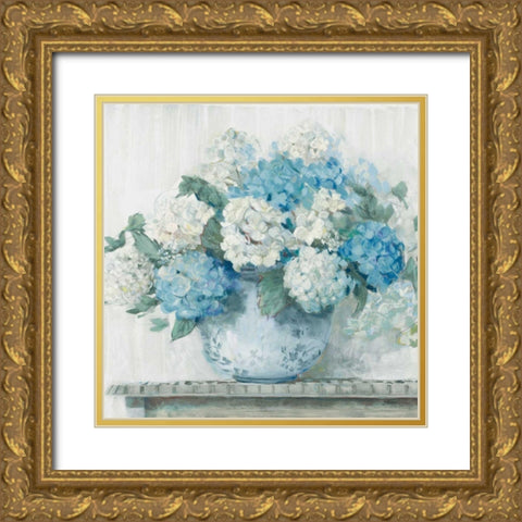 Blue Hydrangea Cottage Crop Gold Ornate Wood Framed Art Print with Double Matting by Rowan, Carol