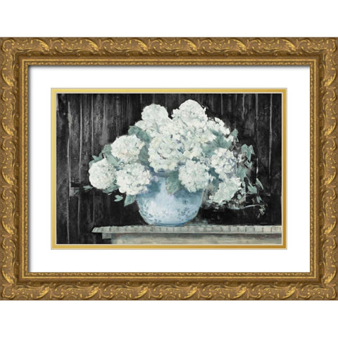 White Hydrangea on Black Crop Gold Ornate Wood Framed Art Print with Double Matting by Rowan, Carol