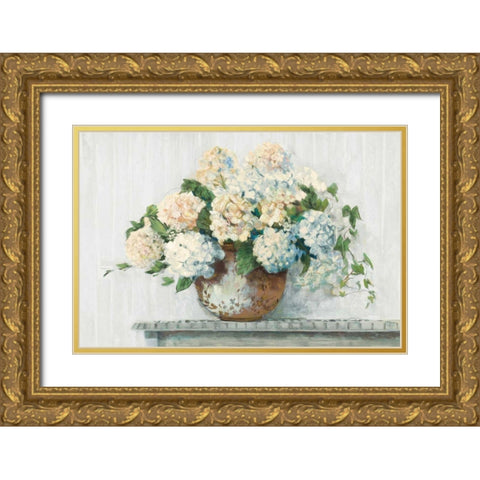 White Hydrangea Cottage Gold Ornate Wood Framed Art Print with Double Matting by Rowan, Carol