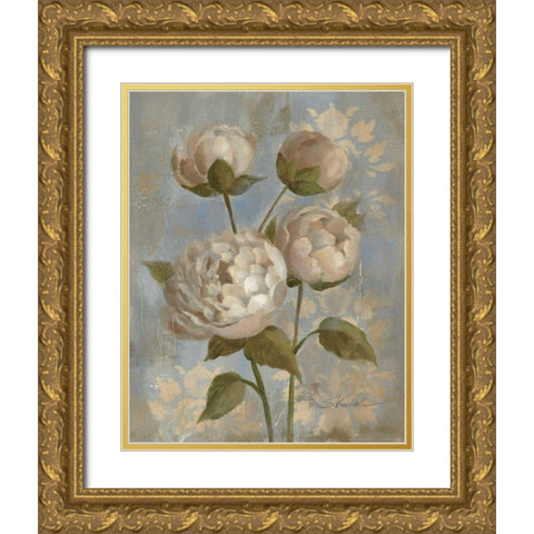Peony on Soft Blue - Original Gold Ornate Wood Framed Art Print with Double Matting by Vassileva, Silvia