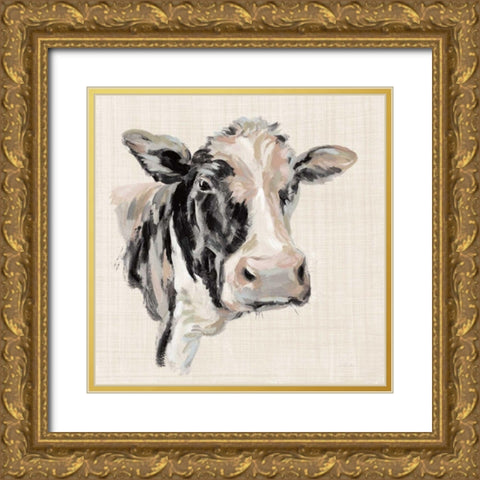 Expressionistic Cow I Neutral Linen Gold Ornate Wood Framed Art Print with Double Matting by Vassileva, Silvia