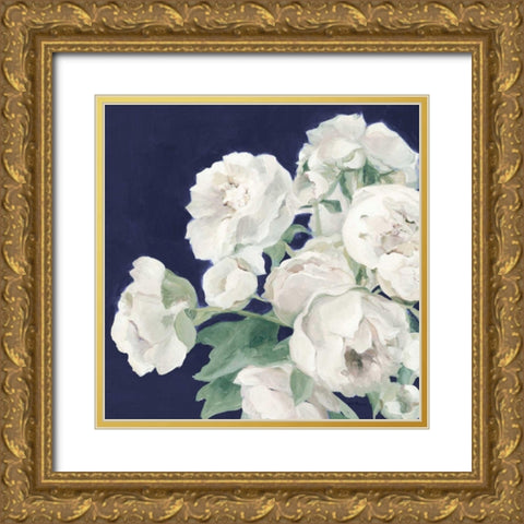 Peonies on Navy Gold Ornate Wood Framed Art Print with Double Matting by Hageman, Marilyn