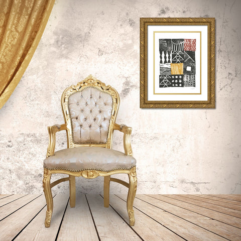 Block Print V Red Yellow Gold Ornate Wood Framed Art Print with Double Matting by Prahl, Courtney
