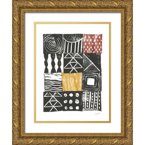 Block Print V Red Yellow Gold Ornate Wood Framed Art Print with Double Matting by Prahl, Courtney