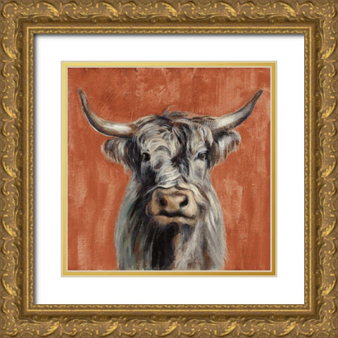 Highland Cow on Terracotta Gold Ornate Wood Framed Art Print with Double Matting by Vassileva, Silvia