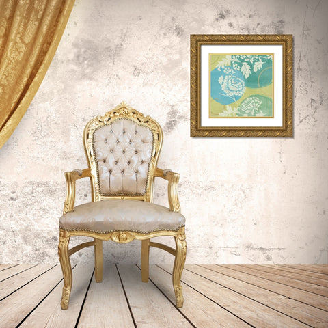 Floral Decal Turquoise I Gold Ornate Wood Framed Art Print with Double Matting by Charron, Veronique