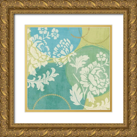 Floral Decal Turquoise II Gold Ornate Wood Framed Art Print with Double Matting by Charron, Veronique