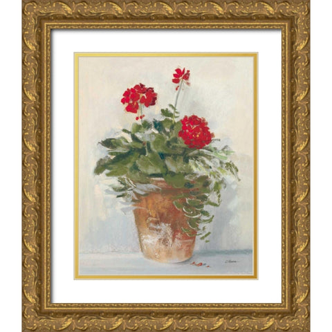 Potted Geraniums II Light Gold Ornate Wood Framed Art Print with Double Matting by Rowan, Carol