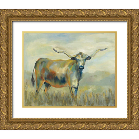 Colorful Longhorn Cow Gold Ornate Wood Framed Art Print with Double Matting by Vassileva, Silvia
