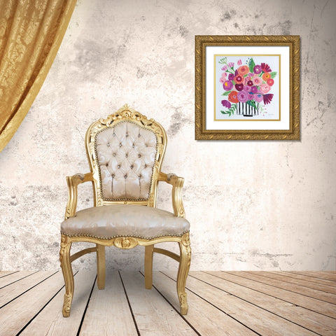 Pink Blossoms II Black Lines Gold Ornate Wood Framed Art Print with Double Matting by Zaman, Farida