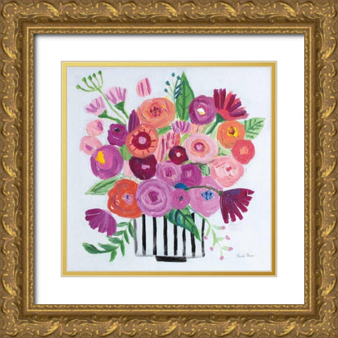 Pink Blossoms II Black Lines Gold Ornate Wood Framed Art Print with Double Matting by Zaman, Farida