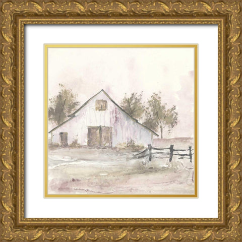 White Barn II Gold Ornate Wood Framed Art Print with Double Matting by Paschke, Chris