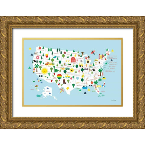 Fun USA Map Gold Ornate Wood Framed Art Print with Double Matting by Kelle, Ann