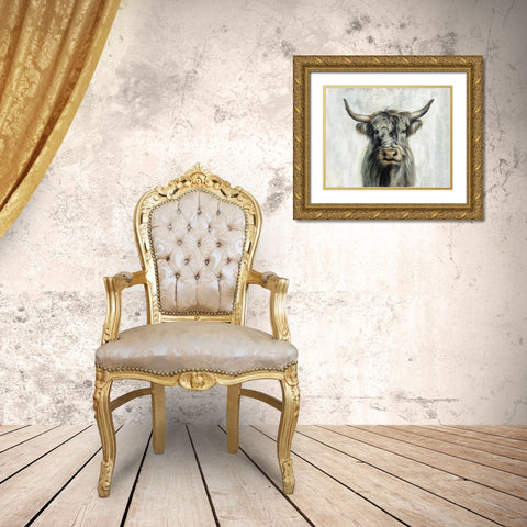 Highland Cow Horizontal Gold Ornate Wood Framed Art Print with Double Matting by Vassileva, Silvia