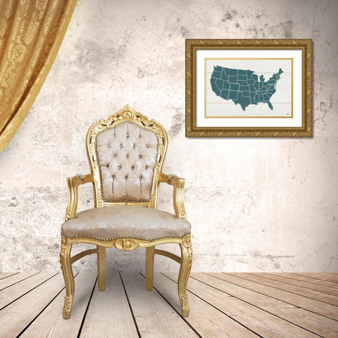 Peace and Lodge USA Map Gold Ornate Wood Framed Art Print with Double Matting by Penner, Janelle
