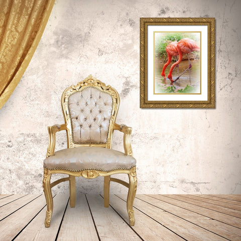 Two Flamingos Gold Ornate Wood Framed Art Print with Double Matting by Van Swearingen, Debra