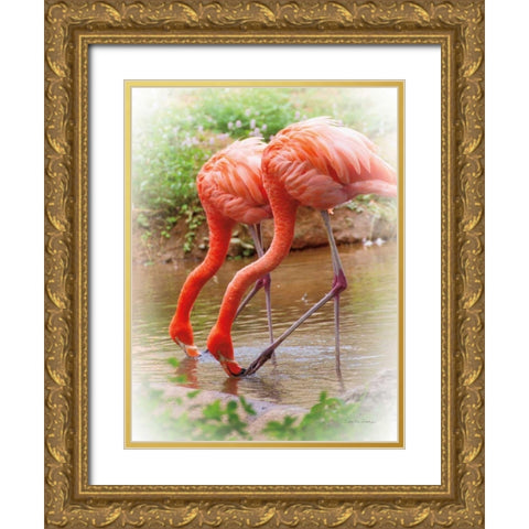 Two Flamingos Gold Ornate Wood Framed Art Print with Double Matting by Van Swearingen, Debra