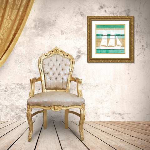 Beachscape V Boat Green Gold Ornate Wood Framed Art Print with Double Matting by Mullan, Michael