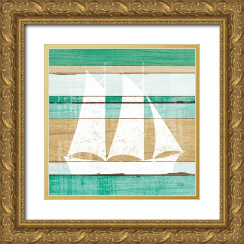 Beachscape V Boat Green Gold Ornate Wood Framed Art Print with Double Matting by Mullan, Michael