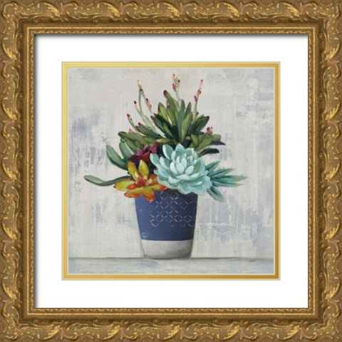Succulent Still Life I Navy Gold Ornate Wood Framed Art Print with Double Matting by Purinton, Julia