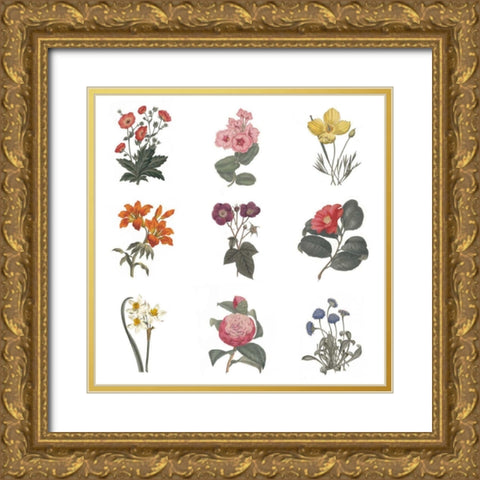 Monument Etching Tile Flowers Sq II White Gold Ornate Wood Framed Art Print with Double Matting by Wild Apple Portfolio
