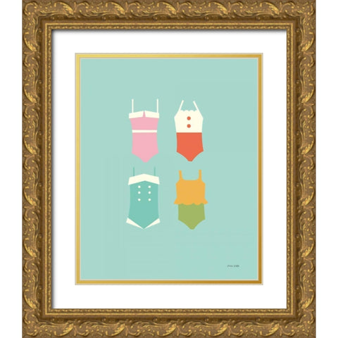 Summer Bathing Suits Blue Gold Ornate Wood Framed Art Print with Double Matting by Kelle, Ann