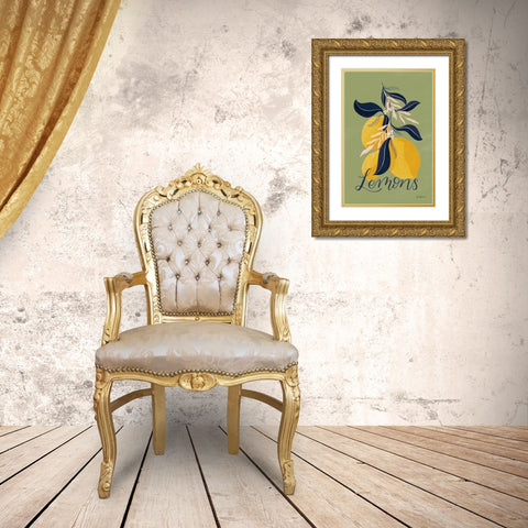 Lemons I Green Gold Ornate Wood Framed Art Print with Double Matting by Thorns, Becky