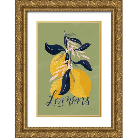 Lemons I Green Gold Ornate Wood Framed Art Print with Double Matting by Thorns, Becky