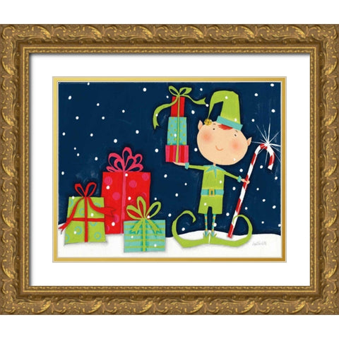 Bright Christmas Candy Cane Elf Blue Gold Ornate Wood Framed Art Print with Double Matting by Tavoletti, Anne